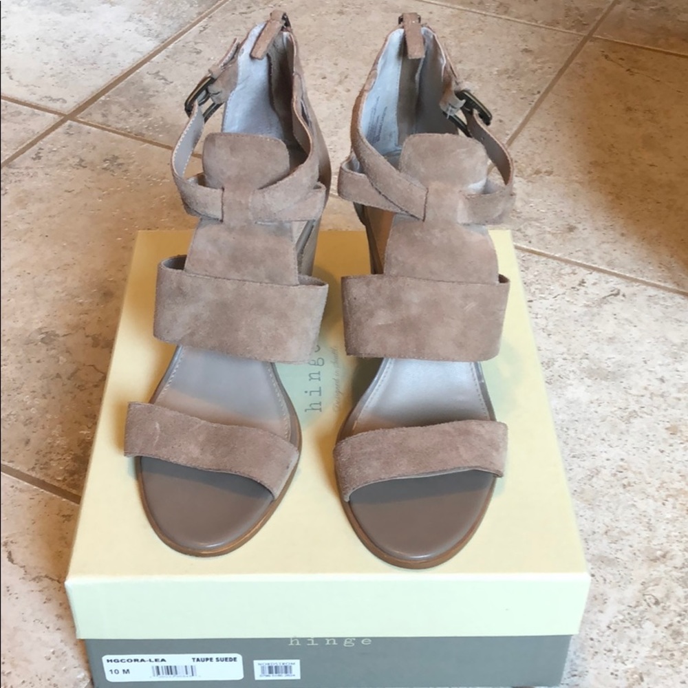 Taupe suede open toe heels